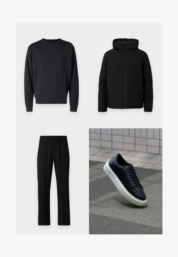 Svart polstret jakke med hette, med full front glidelås, horisontale sømmer og elastiske mansjetter for en tettsittende passform.; Svart hettegenser laget av en bomullsblanding med rund hals, lange ermer og ribbestrikkede mansjetter og hem. Glatt tekstur, minimalistisk design.; Svart, elastisk midjebukser med rett ben-design, med en glatt tekstur og uten synlige mønstre eller maskinvare.; Sorte skinnsneakers med rund tå og hvit gummisåle. Har flate lisser og minimal søm på overdelen. Strukturert såle for grep.