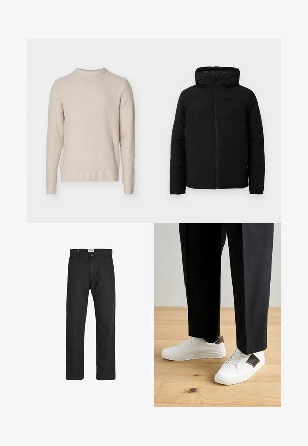 Jachetă neagră căptușită cu glugă, având un fermoar complet pe față, cusături orizontale și manșete elastice pentru o fixare strânsă.; Pulover tricotat în bej deschis, cu un model texturat, guler rotund, manșete și tiv cu nervuri, realizat dintr-un material moale și cald.; Pantaloni negri dintr-un material durabil, cu un design cu picior drept, accente cusute și două buzunare frontale pentru funcționalitate.; Sneakers albe cu textură netedă, având accente din piele maro și detalii negre, asociate cu pantaloni negri pe măsură. Fundal din podea din lemn.