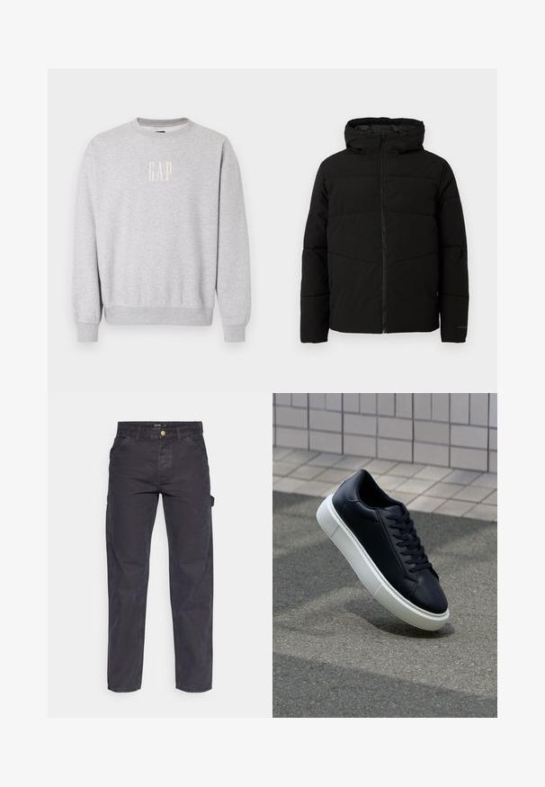 Black padded jacket with a hood, featuring a full front zipper, horizontal stitching, and elastic cuffs for a snug fit.; Gray cotton sweatshirt with a round neckline and ribbed cuffs. Features "GAP" logo in a lighter color on the front, simple design.; Dark gray cargo pants made of durable fabric, featuring a straight-leg cut, five pockets, and a button closure at the waist.; Black leather sneaker with rounded toe and white rubber sole. Features flat laces and minimal stitching on the upper. Textured sole for grip.