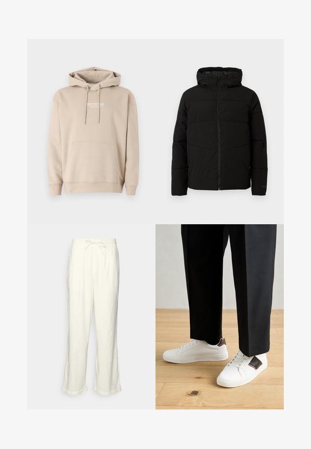 Jachetă neagră căptușită cu glugă, având un fermoar complet pe față, cusături orizontale și manșete elastice pentru o fixare strânsă.; Hanorac bej cu glugă, din amestec de bumbac, având un buzunar frontal tip kangaroo și glugă cu șnur. Logo imprimat pe piept. Textură moale.; Pantaloni din in, de culoare albă-crem, cu un tiv elastic la talie, piciorușe ușor largi și manșete răsucite pentru un stil relaxat. Fără buzunare.; Sneakers albe cu textură netedă, având accente din piele maro și detalii negre, asociate cu pantaloni negri pe măsură. Fundal din podea din lemn.