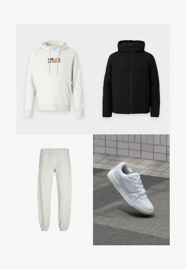 Juodas pūkuotas džemperis su kapišonu, turintis viso ilgio užtrauktuką, horizontaliu siuvinėjimu ir elastingomis rankogaliais, užtikrinančiais patogų prigludimą.; Šviesiai pilkas džemperis su priekine kišene, su pintu dangteliu ir spausdintu "JACK & JONES" logotipu, turinčiu juodų, oranžinių ir raudonų akcentų.; Baltos sportinės kelnės, pagamintos iš minkštos medžiagos, su elastinga juosmeniu ir rankogaliais, turinčios lygią tekstūrą ir laisvą siluetą.; Baltos odinės sportinės bateliai su perforuotais šonais, tekstūruotais akcentais, plokščiomis raištelėmis ir kontrastingu pilku kulnu. Yra šiek tiek pakelti padas.