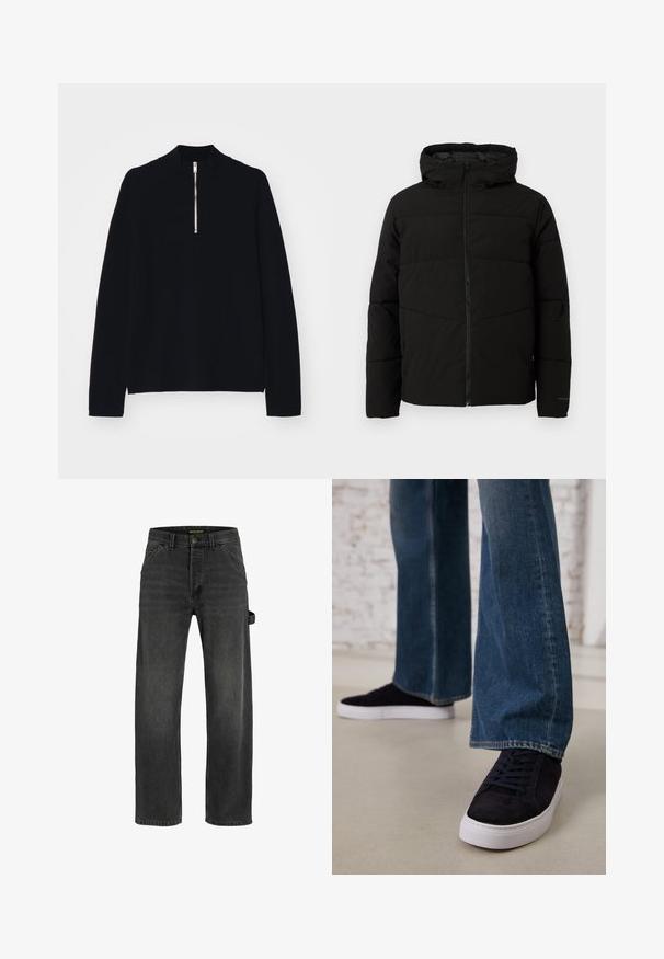 Fekete párnázott kabát kapucnival, teljes elülső cipzárral, vízszintes varrással és elasztikus mandzsettákkal a szoros illeszkedés érdekében.; Fekete, hosszú ujjú felső, puha anyagból készült, magas állú gallérral és elöl félig cipzárral, laza szabással.; Sötétszürke farmernadrág, egyenes szabású, öt zsebbel, fém gombos záródással és oldalsó pánt részlettel.; Sötétkék velúr sportcipők fehér gumitalppal és fűzőkkel, széles szárú farmernadrággal, közepes kék mosással párosítva.