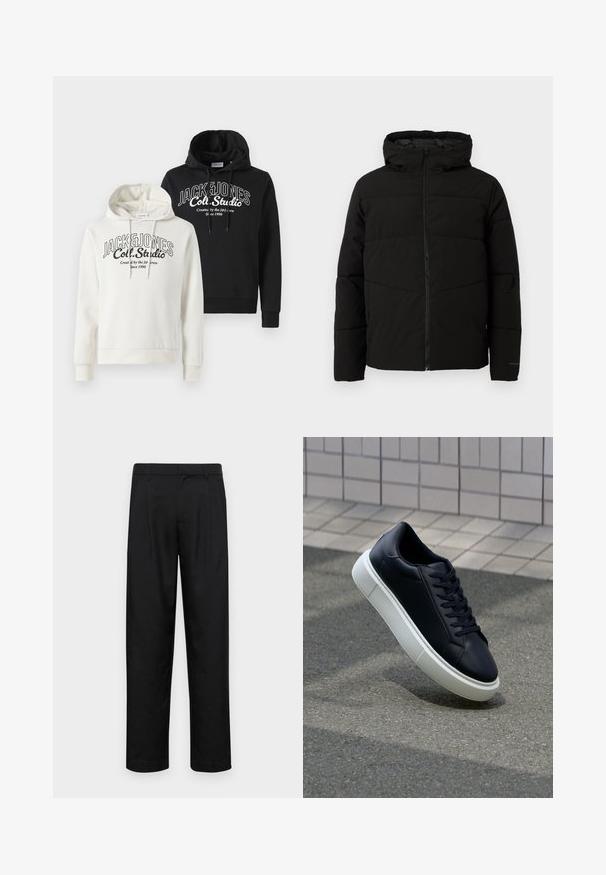 Črno podloženo jakno s kapuco, ki ima popoln sprednji zadrgo, vodoravne šive in elastične manšete za tesno prileganje.; Dve kapucarice zložene, ena kremna z črnimi grafičnimi napisi, druga črna s podobnimi napisi. Mehka tkanina, rebrasta zapestja in rob.; Črne hlače iz gladkega materiala, s krojem ravne noge, dvema sprednjima pregiboma in standardnim pasom z zankami za pas.; Črne usnjene superge z zaobljenim prstom in belim gumijastim podplat. Imajo ravne vezalke in minimalno šivanje na zgornjem delu. Teksturirani podplat za oprijem.