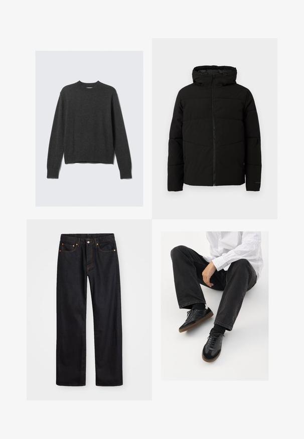 Giacca nera imbottita con cappuccio, dotata di zip frontale completa, cuciture orizzontali e polsini elasticizzati per una vestibilità aderente.; Maglione lavorato a maglia grigio scuro con scollo rotondo, polsini e orlo a coste. Il tessuto ha una texture liscia e presenta un design a vestibilità rilassata.; Jeans neri in denim dritto da uomo con cinque tasche e cuciture arancioni, chiusura con bottone e zip sulla vita anteriore.; Sneaker nere con una tomaia liscia e testurizzata, con suola in gomma e lacci scuri. Abbinati a jeans neri e una camicia bianca a righe.