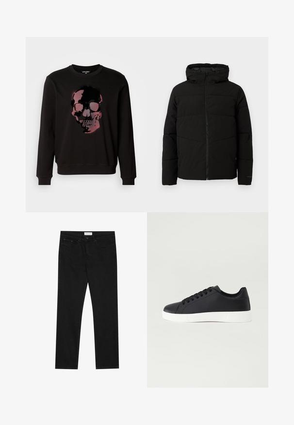 Veste matelassée noire avec capuche, dotée d'une fermeture zippée sur toute la longueur, de surpiqûres horizontales et de poignets élastiques pour un ajustement confortable.; Sweatshirt noir avec un graphisme central d'un crâne dans des teintes de rose et de noir, avec un col rond et des poignets côtelés.; Jean droit noir avec un design à cinq poches, fermeture à bouton et zip, et une étiquette de marque Pier One sur la taille.; Pier One Baskets basses - black