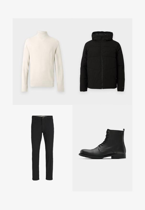 Black padded jacket with a hood, featuring a full front zipper, horizontal stitching, and elastic cuffs for a snug fit.; Cream-colored knitted turtleneck sweater with long sleeves and ribbed cuffs and hem, displayed on a white background.; Black cotton blend pants with a slim fit, featuring a button closure, pockets, and rolled cuffs for a casual finish.; Black leather ankle boots with a rounded toe, lace-up design, and flat rubber sole. Features minimal stitching and a loop on the heel.