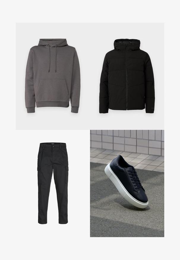 Veste matelassée noire avec capuche, dotée d'une fermeture zippée sur toute la longueur, de surpiqûres horizontales et de poignets élastiques pour un ajustement confortable.; Hoodie gris en matière douce, doté d'une poche kangourou, d'une capuche avec cordon de serrage ajustable, et de poignets et d'un ourlet côtelés.; Pantalons cargo noirs en tissu résistant, dotés de plusieurs poches, d'une fermeture par bouton et d'une coupe slim avec des jambes fuselées.; Baskets noires en cuir avec bout arrondi et semelle en caoutchouc blanc. Elles présentent des lacets plats et une couture minimale sur la tige. Semelle texturée pour une bonne adhérence.