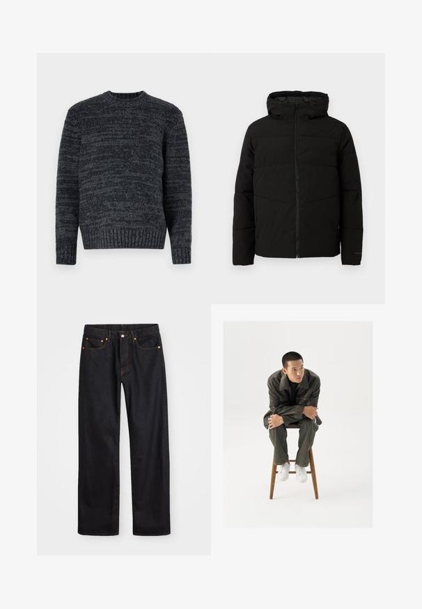 Zwarte gewatteerde jas met capuchon, voorzien van een volledige ritssluiting aan de voorkant, horizontale stiksels en elastische manchetten voor een snug fit.; Donkergrijs gebreid sweater met een ronde halslijn, lange mouwen en geribbelde manchetten. Kenmerkt zich door een gestructureerd patroon over het geheel.; Heren straight-leg zwarte denim jeans met vijf zakken en oranje stiksels, knoop- en ritssluiting op de voorkant van de tailleband.; Bruine leren jas met een brede kraag, gecombineerd met donkergroene jeans en witte sneakers. Het model zit op een houten kruk.