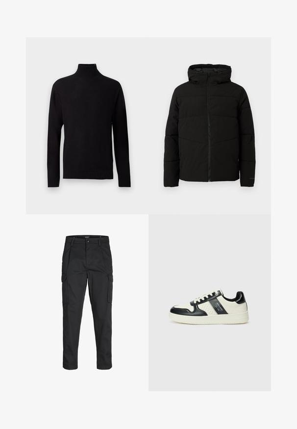 Zwarte gewatteerde jas met capuchon, voorzien van een volledige ritssluiting aan de voorkant, horizontale stiksels en elastische manchetten voor een snug fit.; Zwarte ribgebreide turtleneck trui met lange mouwen en een aansluitende kraag, weergegeven op een witte achtergrond.; Zwarte cargobroek van stevig stof, met meerdere zakken, een knoopsluiting en een slim fit ontwerp met taps toelopende benen.; Leren sneakers met een zwart en crèmekleurig kleurenschema, voorzien van geperforeerde accenten, een gevoerde kraag en een gestructureerde buitenzool.