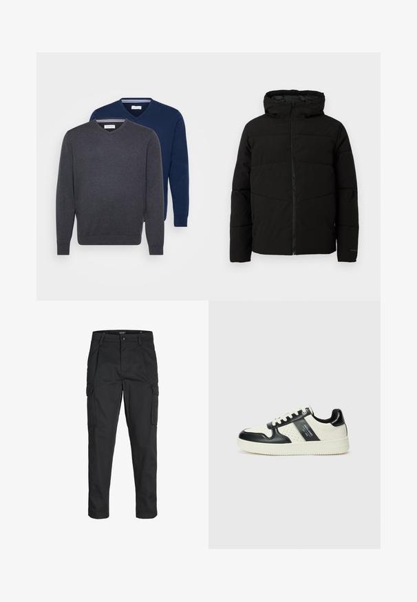Fekete párnázott kabát kapucnival, teljes elülső cipzárral, vízszintes varrással és elasztikus mandzsettákkal a szoros illeszkedés érdekében.; Két V-nyakú pulóver sötétszürke és tengerészkék színben, puha anyagból készült, bordás mandzsettákkal és csíkozott részlettel a díszítő nyakvonalban.; Fekete cargo nadrág, amely tartós anyagból készült, több zsebet tartalmaz, gombos záródással rendelkezik, és karcsú szabású, szűkített lábakkal bír.; Fekete és krém színű bőrsneaker, perforált díszítésekkel, párnázott bokapánttal és texturált talppal.