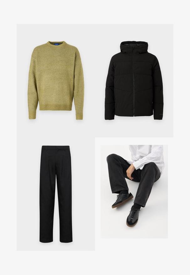 Giacca nera imbottita con cappuccio, dotata di zip frontale completa, cuciture orizzontali e polsini elasticizzati per una vestibilità aderente.; Maglione lavorato a maglia in verde oliva tenue, con collo a giro, spalle cadenti, polsini a coste e una finitura testurizzata.; Pantaloni neri realizzati in tessuto liscio, caratterizzati da un taglio dritto, due pieghe frontali e una vita standard con passanti per la cintura.; Sneaker nere con una tomaia liscia e testurizzata, con suola in gomma e lacci scuri. Abbinati a jeans neri e una camicia bianca a righe.