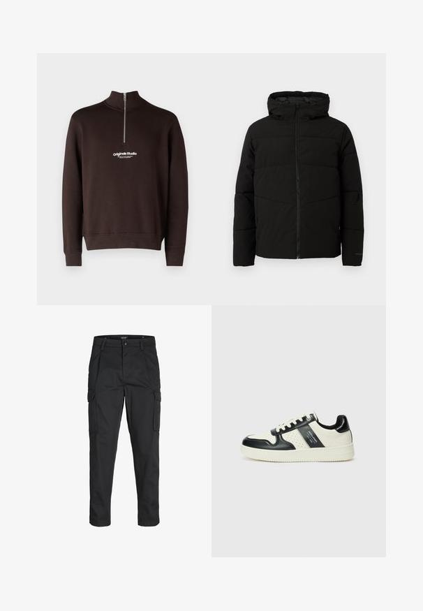 Fekete párnázott kabát kapucnival, teljes elülső cipzárral, vízszintes varrással és elasztikus mandzsettákkal a szoros illeszkedés érdekében.; Barna pulóver magas gallérral és félig cipzáras záródással. A mellrészen fehér "originals Studio" logó található; bordázott mandzsettákkal és szegéllyel rendelkezik.; Fekete cargo nadrág, amely tartós anyagból készült, több zsebet tartalmaz, gombos záródással rendelkezik, és karcsú szabású, szűkített lábakkal bír.; Fekete és krém színű bőrsneaker, perforált díszítésekkel, párnázott bokapánttal és texturált talppal.