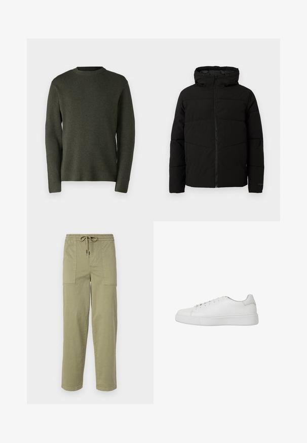 Schwarze gepolsterte Jacke mit Kapuze, ausgestattet mit einem durchgehenden Reißverschluss, horizontalen Nähten und elastischen Bündchen für eine enge Passform.; Dunkelgrüner Pullover, aus einem weichen Strickstoff gefertigt. Runder Ausschnitt, lange Ärmel und eine lockere Passform mit glatter Textur.; Helle olivgrüne Hose aus Baumwollmischgewebe, mit einem elastischen Bund und Kordelzug sowie zwei großen Seitentaschen.; Weiße Sneaker aus glattem Leder mit runder Zehenpartie, gesteppten Details und einer flachen Gummisohle. Minimalistisches Design mit Schnürung.