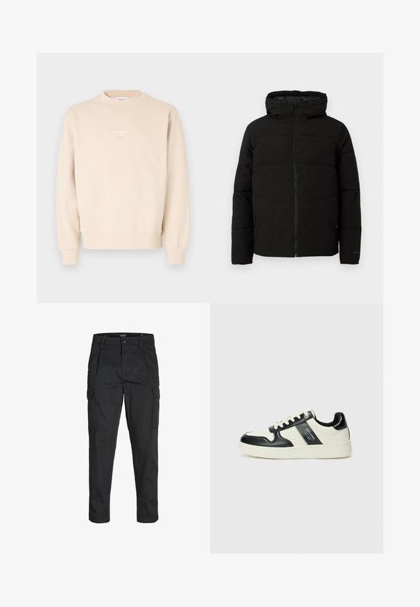 Chaqueta acolchada negra con capucha, que cuenta con un cierre frontal completo, costuras horizontales y puños elásticos para un ajuste ceñido.; Sudadera beige hecha de una tela suave, con un cuello redondo, puños acanalados y un pequeño logo blanco en el pecho.; Pantalones cargo negros hechos de tela resistente, que cuentan con múltiples bolsillos, un cierre de botón y un diseño de corte slim con piernas ajustadas.; Zapatillas de cuero con un esquema de colores negro y crema, que cuentan con acentos perforados, un collar acolchado y una suela texturizada.