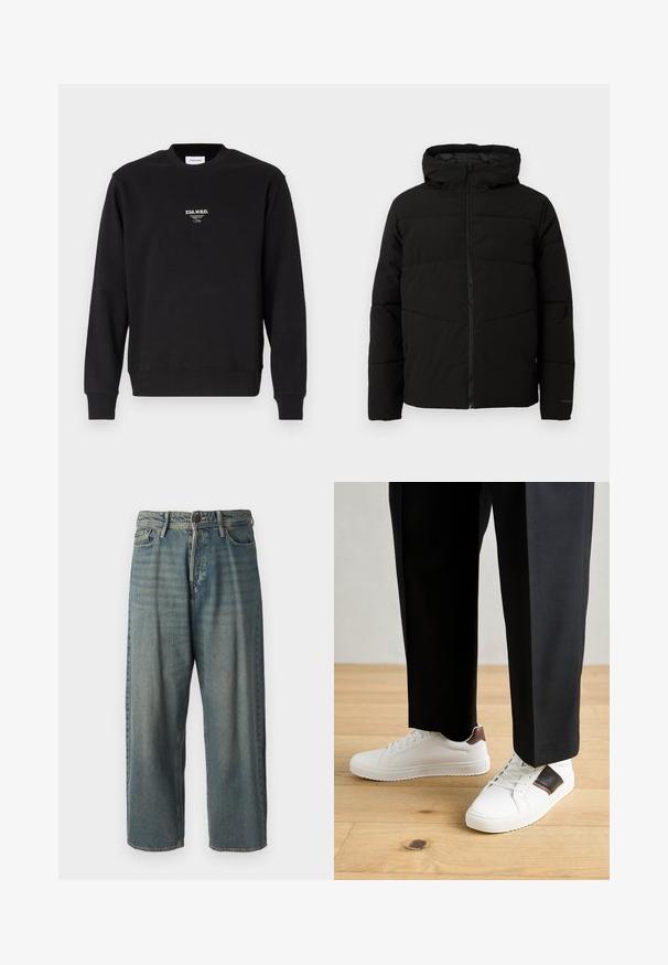 Black padded jacket with a hood, featuring a full front zipper, horizontal stitching, and elastic cuffs for a snug fit.; Black sweatshirt made of cotton blend, featuring a crew neck, ribbed cuffs, and a small white logo text on the chest. Smooth texture.; Light blue denim jeans with a loose fit, mid-rise waist, and straight legs. Features five pockets, belt loops, and a button closure.; White sneakers with smooth texture, featuring brown leather accents and black detailing, paired with black tailored pants. Wooden floor background.