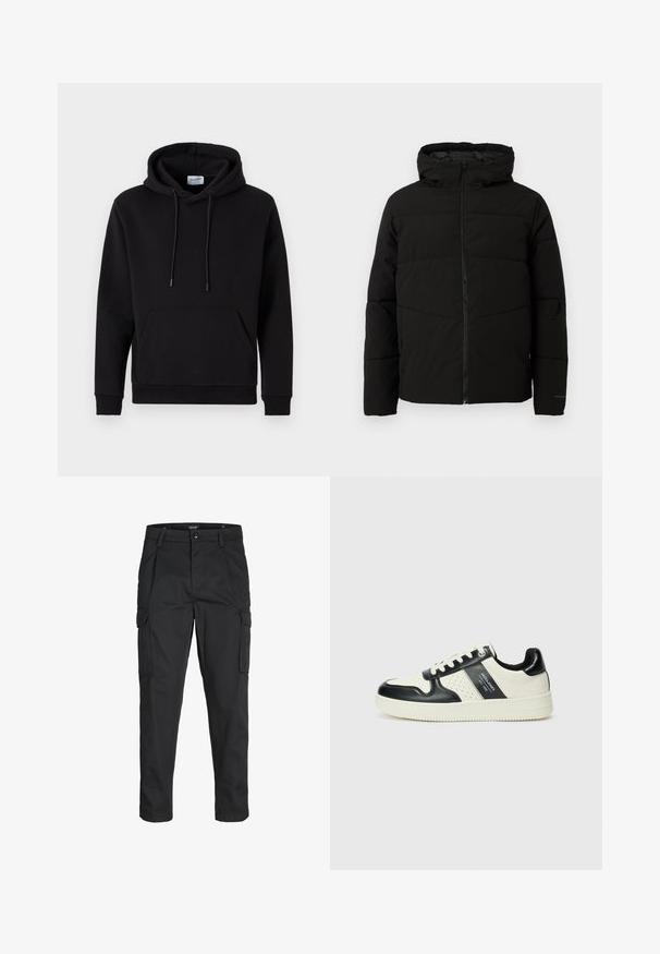 Schwarze gepolsterte Jacke mit Kapuze, ausgestattet mit einem durchgehenden Reißverschluss, horizontalen Nähten und elastischen Bündchen für eine enge Passform.; Schwarzer Hoodie aus einem Baumwollgemisch, mit einer Fronttasche, Kapuze mit Kordelzug und gerippten Bündchen. Einfaches und lässiges Design.; Schwarze Cargo-Hose aus robustem Material, mit mehreren Taschen, einem Knopfverschluss und einem Slim-Fit-Design mit schmal zulaufenden Beinen.; Leder-Sneaker in Schwarz- und Cremetönen, mit perforierten Akzenten, einem gepolsterten Kragen und einer strukturierten Laufsohle.