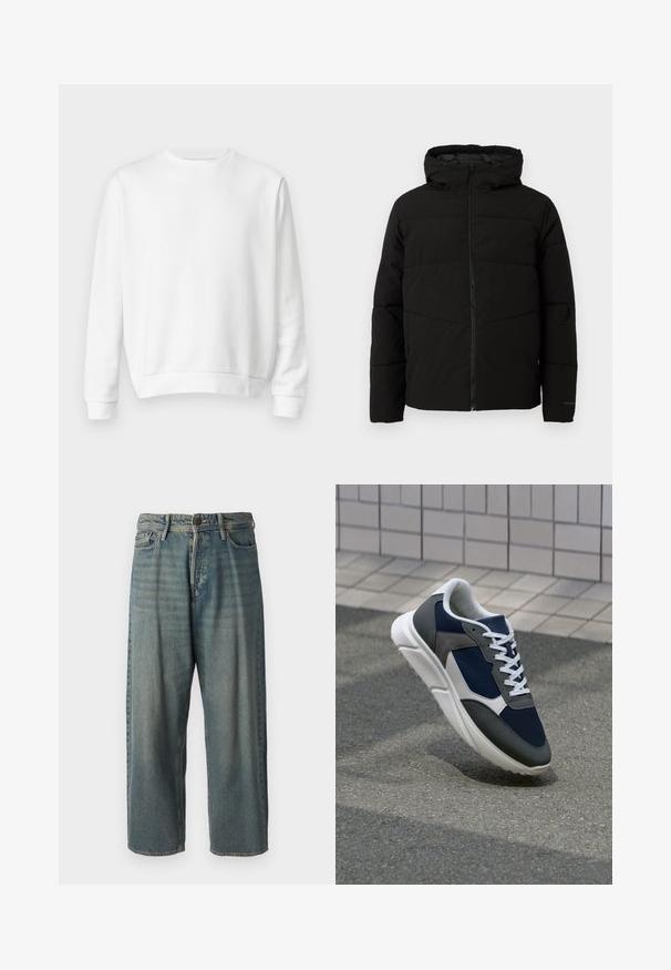 Čierna zateplená bunda s kapucňou, s celoplošným zipsom, horizontálnym prešívaním a elastickými manžetami pre tesné priliehanie.; Biely sveter s okrúhlym výstrihom vyrobený z jemnej bavlny. Dlhé rukávy, rebrované manžety a lem, hladká textúra a minimalistický dizajn.; Svetlomodré denimové nohavice so voľným strihom, stredne vysokým pásom a rovnými nohavicami. Obsahujú päť vreciek, pútka na opasok a zapínanie na gombík.; Tenisky s sieťovinou v námorníckej modrej farbe, so sivými semišovými detailmi, bielou gumovou podrážkou a plochými bielymi šnúrkami, navrhnuté pre pohodlie a priedušnosť.