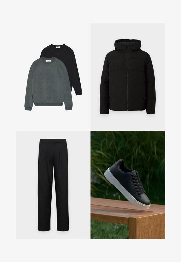 Chaqueta acolchada negra con capucha, que cuenta con un cierre frontal completo, costuras horizontales y puños elásticos para un ajuste ceñido.; Dos sudaderas de cuello redondo: una verde oscuro y una negra. Ambas tienen mangas raglán, puños acanalados y una tela suave y texturizada.; Pantalones negros de tela suave, con un diseño de pierna recta, dos pliegues frontales y una cintura estándar con trabillas para el cinturón.; Zapatilla negra de cuero con una textura suave, suela de goma blanca y seis ojetes para cordones, exhibida sobre una superficie de madera.