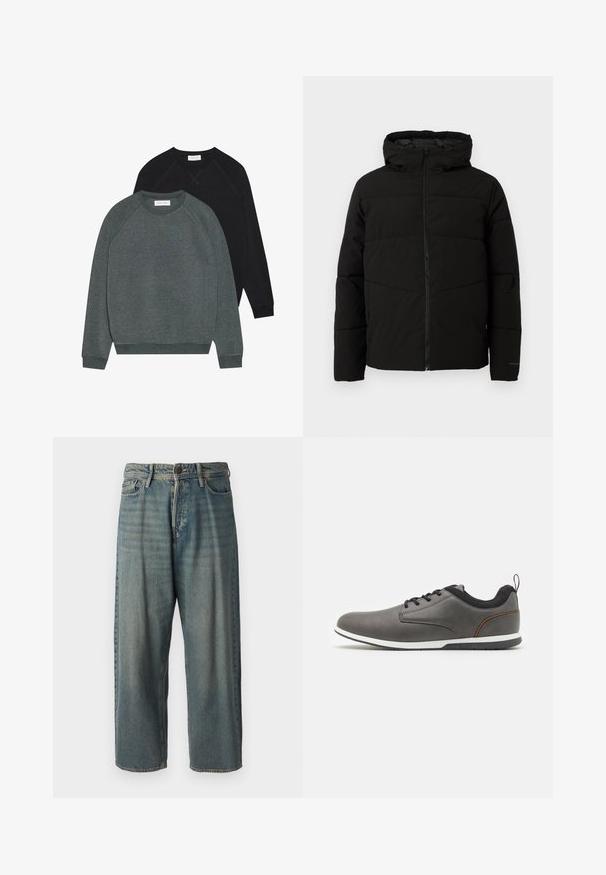 Must esmakad ja kapuutsiga must paks jakk, millel on täispikk lukus, horisontaalne õmblus ja elastsed mansetid, mis tagavad mugava istuvuse.; Kaks ümmarguse kaelusega dressipluusi: üks tume roheline ja teine must. Mõlemal on raglanvarrukad, soonikkoes varrukasäärd ja pehme, tekstuuriga kangas.; Heledad sinine denim-stiilis teksad, volüümse lõike, keskmise kõrgusega talje ja sirgete säärega. Omab viit taskut, vöökumme ja nööpide sulgemist.; Hallitusseente nahast jalanõud mustade aktsentidega, ringikujulise varbaga, süsteemiga, valge tallaga ja väikese tõmbluku detailiga kandamisel.