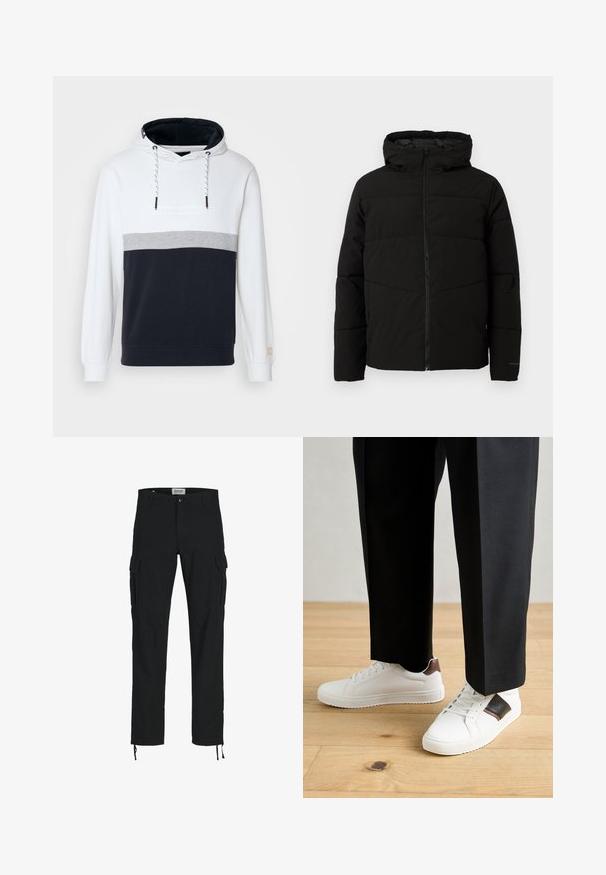 Chaqueta acolchada negra con capucha, que cuenta con un cierre frontal completo, costuras horizontales y puños elásticos para un ajuste ceñido.; Sudadera con capucha en bloques de color blanco, gris y azul marino. Material de algodón suave, con capucha ajustable y puños acanalados.; Pantalones cargo negros con corte recto, que cuentan con bolsillos laterales, cierre de botón y cordones elásticos en los tobillos. Fabricados en tejido resistente.; Zapatillas blancas con textura suave, con acentos de cuero marrón y detalles en negro, combinadas con pantalones negros ajustados. Fondo de suelo de madera.