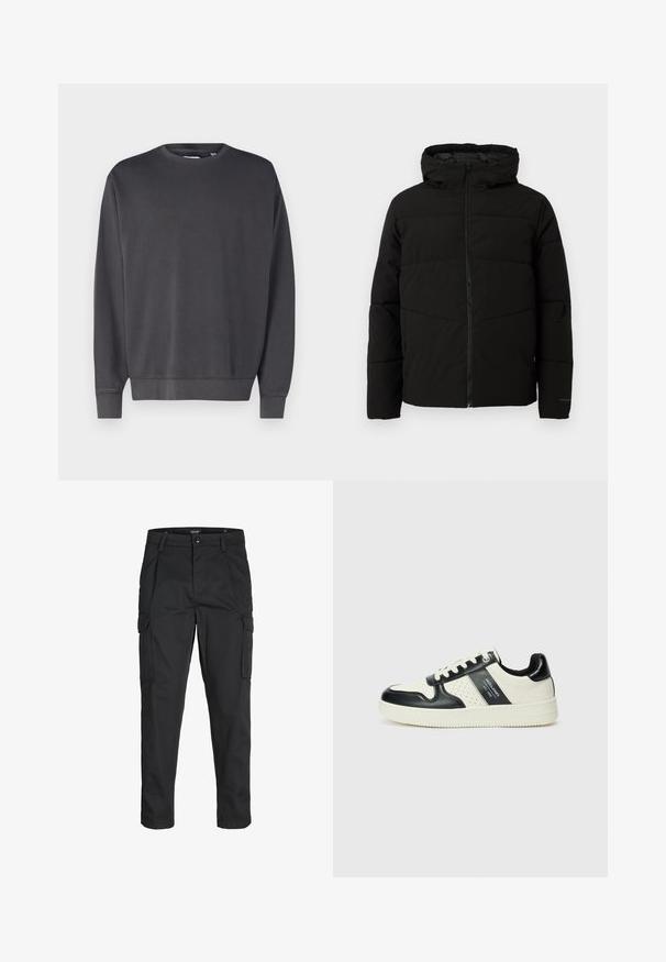 Must esmakad ja kapuutsiga must paks jakk, millel on täispikk lukus, horisontaalne õmblus ja elastsed mansetid, mis tagavad mugava istuvuse.; Tumehall hallide särk, millel on ümmargune kaelus, pikad varrukad ning soonikkoes äärised ja allserv. Valmistatud pehmest, tekstuuritud kangast. Lihtne disain, nähtavad logod puuduvad.; Mustad mustapõlvik, mis on valmistatud tugeva koe kasutades, sisaldab mitmeid taskuid, nupule kinnitatav sulgemine ja kitsenev disain.; Nahatud nahkkingad musta ja kreemi värviskeemiga, millel on perforeeritud aktsendid, pehme krae ja tekstureeritud tallad.