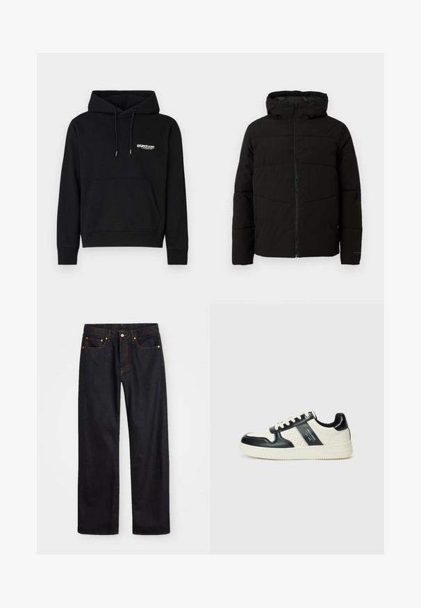 Veste matelassée noire avec capuche, dotée d'une fermeture zippée sur toute la longueur, de surpiqûres horizontales et de poignets élastiques pour un ajustement confortable.; Hoodie en coton noir avec une poche kangourou à l'avant, un capuchon avec cordon de serrage et un petit logo blanc sur la poitrine. Poignets et ourlet côtelés.; Jean en denim noir pour hommes, coupe droite, avec cinq poches et surpiqûres orange, fermeture par bouton et zip à la taille avant.; Baskets en cuir avec un schéma de couleurs noir et crème, dotées d'accents perforés, d'un col rembourré et d'une semelle texturée.