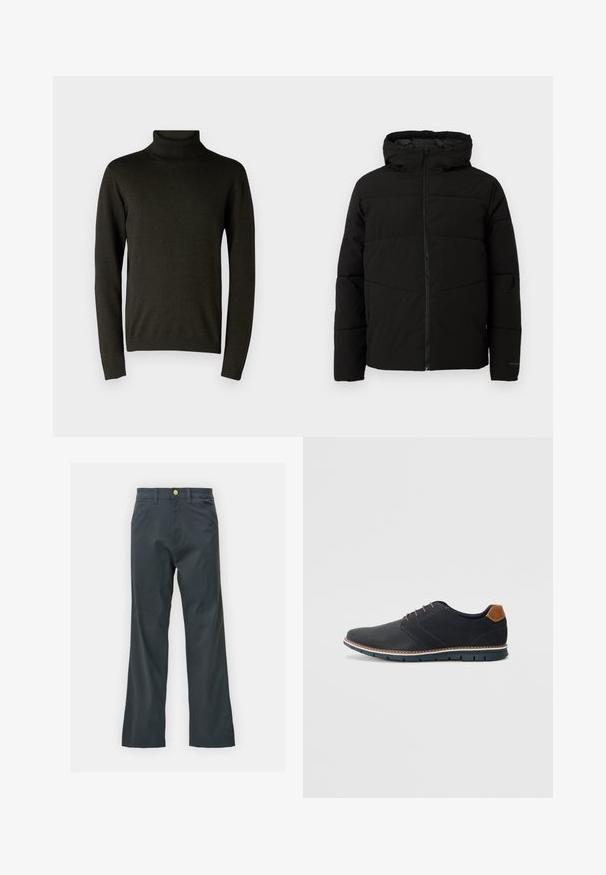 Schwarze gepolsterte Jacke mit Kapuze, ausgestattet mit einem durchgehenden Reißverschluss, horizontalen Nähten und elastischen Bündchen für eine enge Passform.; Dunkelgrüner Rollkragenpullover aus weichem Strickmaterial, mit langen Ärmeln und gerippten Bündchen sowie Saum. Glatte Textur mit minimaler Detailgestaltung.; Schwarze Hose mit geradem Bein, aus einem Baumwollmix. Verfügt über einen Metallknopfverschluss und seitliche Taschen. Keine sichtbaren Muster.; Schwarze synthetische Schuhe mit einer strukturierten Oberseite, glatten Akzenten, braunem Absatz und einer kontrastierenden Sohle. Verfügt über minimale Schnürung und Nähdetails.