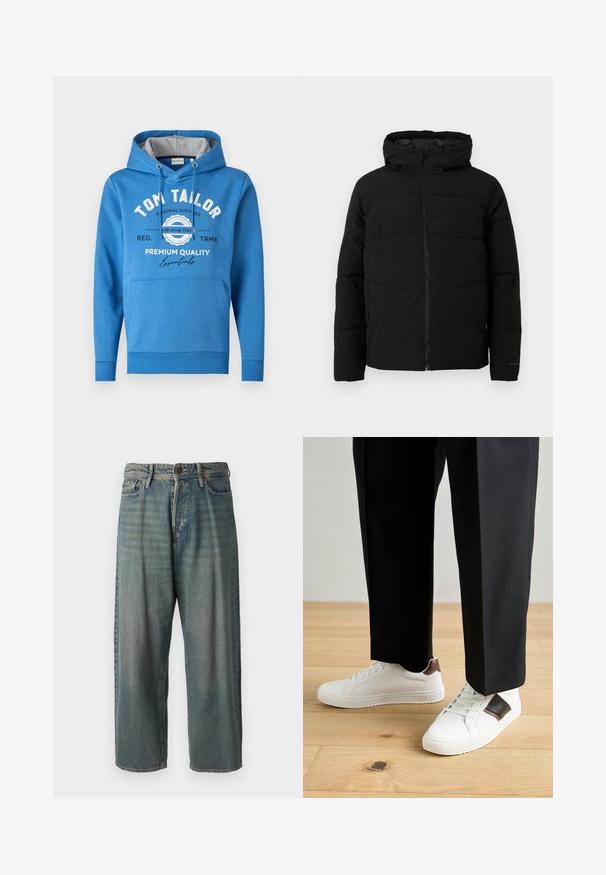 Veste matelassée noire avec capuche, dotée d'une fermeture zippée sur toute la longueur, de surpiqûres horizontales et de poignets élastiques pour un ajustement confortable.; Le sweat à capuche bleu présente une poche avant, une capuche avec cordon de serrage et une doublure intérieure grise. Le logo imprimé inclut "TOM TAILOR" et "QUALITÉ SUPÉRIEURE."; Jeans en denim bleu clair avec une coupe ample, taille mi-haute et jambes droites. Comprend cinq poches, des passants de ceinture et une fermeture à bouton.; Des sneakers blanches au texture lisse, avec des accents en cuir marron et des détails noirs, assorties à un pantalon noir ajusté. Fond en parquet.