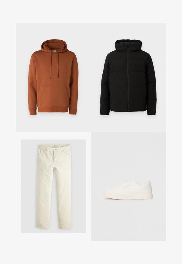 Svart polstret jakke med hette, med full front glidelås, horisontale sømmer og elastiske mansjetter for en tettsittende passform.; Jack & Jones JJEBRADLEY HOOD - Sweatshirt - mocha bisque; Lys beige løse bukser med tre lommer, beltestropper og rett ben-design. Laget av et mykt bomullsblandingsstoff.; Hvite slip-on joggesko med teksturert overflate, tykk såle og minimalistisk design. Har merkevarelogo på siden.
