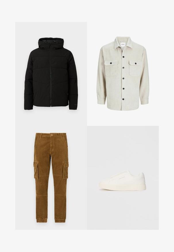 Czarna, pikowana kurtka z kapturem, z pełnym zapięciem na zamek z przodu, poziomym przeszyciem i elastycznymi mankietami dla lepszego dopasowania.; Beżowa flanelowa koszula z kołnierzykiem, z dwoma kieszeniami na piersiach, czarnymi guzikami i długimi rękawami z mankietami na guziki.; Brązowe spodnie cargo z kordurojowej tkaniny o zwężanym kroju, z bocznymi kieszeniami, zapięciem na guzik i elastycznymi mankietami przy kostkach.; Białe sneakersy wsuwane z teksturowanej powierzchni, grubą podeszwą i minimalistycznym designem. Zawierają logo marki z boku.