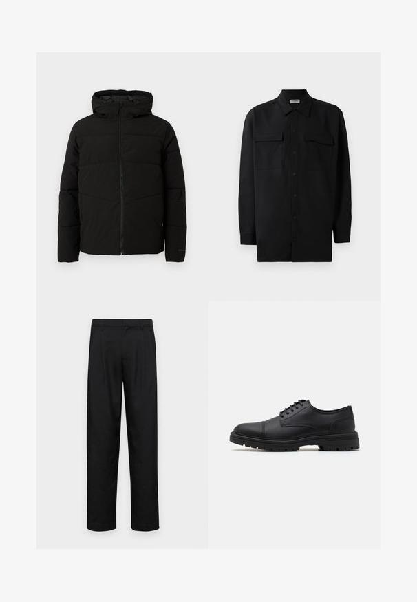Svart polstret jakke med hette, med full front glidelås, horisontale sømmer og elastiske mansjetter for en tettsittende passform.; Svart skjorte med knapper laget av glatt stoff, med klassisk krage, to frontlommer og lange ermer med knappe mansjetter.; Sorte bukser laget av glatt stoff, med rette ben, to frontfoldninger og standard liv med beltehemper.; Svarte skinnsnøresko med rund tå, teksturerte sider og en kraftig gummisåle med mønster for godt grep.
