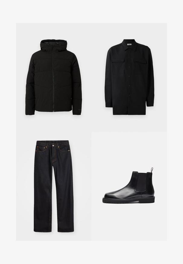 Veste matelassée noire avec capuche, dotée d'une fermeture zippée sur toute la longueur, de surpiqûres horizontales et de poignets élastiques pour un ajustement confortable.; Chemise noire à manches longues en tissu lisse, dotée d'un col classique, de deux poches devant et de poignets à boutons.; Jean en denim noir pour hommes, coupe droite, avec cinq poches et surpiqûres orange, fermeture par bouton et zip à la taille avant.; Zign LEATHER - Bottines - black