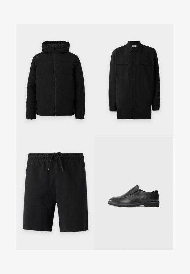 Čierna zateplená bunda s kapucňou, s celoplošným zipsom, horizontálnym prešívaním a elastickými manžetami pre tesné priliehanie.; Čierna košeľa na gombíky vyrobená z hladkej tkaniny, so klasickým golierom, dvoma prednými vreckami a dlhými rukávmi s gombíkovými manžetami.; Čierne šortky vyrobené z jemného materiálu. Majú elastický pás s šnúrkou na stiahnutie. Jednoduchý dizajn, žiadne viditeľné vzory alebo akcenty.; Čierny kožený nazúvací topánka s hladkým zvrškom, prešitými akcentmi, zaoblenou špičkou a nízkym gumovým podpätkom. Podošva má minimálny dezén.