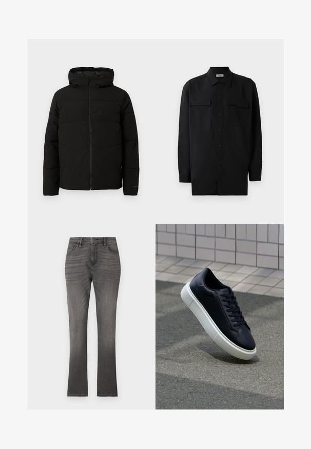 Chaqueta acolchada negra con capucha, que cuenta con un cierre frontal completo, costuras horizontales y puños elásticos para un ajuste ceñido.; Camisa negra de botones, fabricada en tejido suave, con un cuello clásico, dos bolsillos delanteros y mangas largas con puños de botón.; Pantalones vaqueros de mezclilla gris con un corte de pierna recta, que presentan un diseño clásico de cinco bolsillos y un sutil desgaste. Cierre estándar de botón y cremallera.; Zapatilla de cuero negro con punta redonda y suela de goma blanca. Presenta cordones planos y un mínimo de costuras en la parte superior. Suela texturizada para proporcionar agarre.