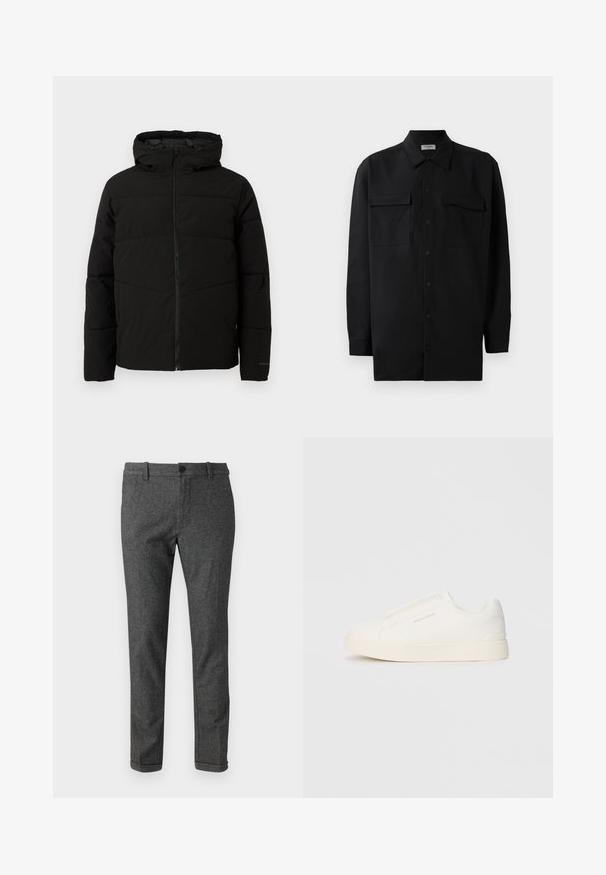 Schwarze gepolsterte Jacke mit Kapuze, ausgestattet mit einem durchgehenden Reißverschluss, horizontalen Nähten und elastischen Bündchen für eine enge Passform.; Schwarzes Hemd mit Knopfleiste aus glattem Stoff, das einen klassischen Kragen, zwei Brusttaschen und lange Ärmel mit Knopfmanschetten aufweist.; Grau melierte Wollmischungshosen mit schmaler Passform, featuring flachem Front, Knopfverschluss und umgeschlagenem Saum. Zarte Textur und klassisches Design.; Weiße Slip-On-Sneaker mit einer strukturierten Oberfläche, dicker Sohle und minimalistischem Design. Mit Logo der Marke an der Seite.