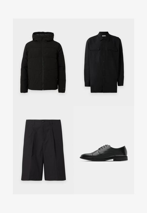 Crna jakna s podlogom i kapuljačom, s punim prednjim patentnim zatvaračem, horizontalnim šavovima i elastičnim manžetama za udoban fit.; Crna košulja s dugim rukavima od glatkog materijala, s klasičnom kragnom, dva prednja džepa i dugmadima na manžetama.; Crne krojene šortseve napravljene od laganog materijala, s nabranicama, kopčanjem na dugme i ravnim rubom. Glatka tekstura i bez vidljivih uzoraka.; Crne kožne cipele s okruglim prstom, s vezanjem, suptilnim detaljima šivanja i niskim potplatima. Glatka tekstura s poliranim finišem.