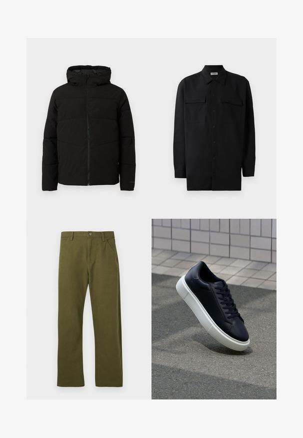 Veste matelassée noire avec capuche, dotée d'une fermeture zippée sur toute la longueur, de surpiqûres horizontales et de poignets élastiques pour un ajustement confortable.; Chemise noire à manches longues en tissu lisse, dotée d'un col classique, de deux poches devant et de poignets à boutons.; Pantalon en coton vert avec une coupe droite, comprenant un design de poche avant, une fermeture à bouton en métal et des détails de couture subtils.; Baskets noires en cuir avec bout arrondi et semelle en caoutchouc blanc. Elles présentent des lacets plats et une couture minimale sur la tige. Semelle texturée pour une bonne adhérence.