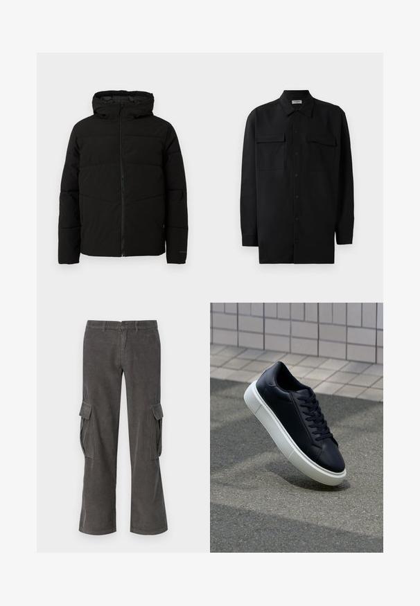 Sort polstret jakke med hætte, der har en fuld frontlynlås, vandret syninger og elastiske manchetter for en tæt pasform.; Sort skjorte med knapper lavet af glat stof, med klassisk krave, to frontlommer og lange ærmer med knapmanchetter.; Grå corduroy cargo bukser med lige ben design, sidelommer og en subtil bølget tekstur. Knap- og lynlås-lukning i taljen.; Sort lædersneaker med rund tå og hvid gummisål. Har flade snørebånd og minimal syning på overdelen. Tekstureret sål for bedre greb.