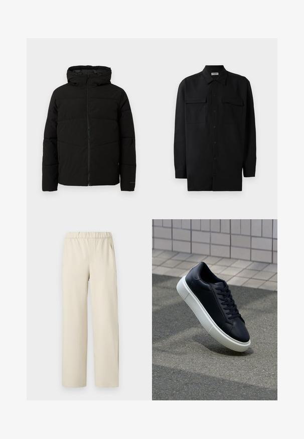 Zwarte gewatteerde jas met capuchon, voorzien van een volledige ritssluiting aan de voorkant, horizontale stiksels en elastische manchetten voor een snug fit.; Zwarte button-up shirt gemaakt van gladde stof, met een klassieke kraag, twee voorzakken en lange mouwen met knopenmanchetten.; Beige wijde broek met een elastische tailleband, gemaakt van zachte stof. Kenmerkt zich door een gladde textuur en geen zichtbare patronen of hardware.; Zwarte leren sneaker met een ronde neus en een witte rubberen zool. Voorzien van platte veters en minimale stiksels op het bovenwerk. Textuurrijke zool voor grip.