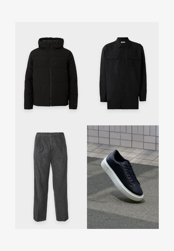 Melnā polsterētā jaka ar kapuci, ar pilnīgu priekšējo rāvējslēdzēju, horizontālām šuvēm un elastīgām piedurknēm ciešai piegulšanai.; Melnā pogu krekla, kas izgatavota no gludas auduma, ar klasisku apkakli, divām priekšējām kabatām un garām piedurknēm ar pogu aprocēm.; Pelēkas korduroja bikses ar taisnu piegriezumu, ar vertikālu ribu tekstūru, diviem priekšējiem krokām un standarta jostu cilpām. Redzamās kabatas nav.; Melnas ādas kedas ar noapaļotu pirkstu un baltu gumijas zoli. Iespējas - plakanas šņorītes un minimāla apdare augšdaļā. Struktūrēta zole, lai nodrošinātu saķeri.