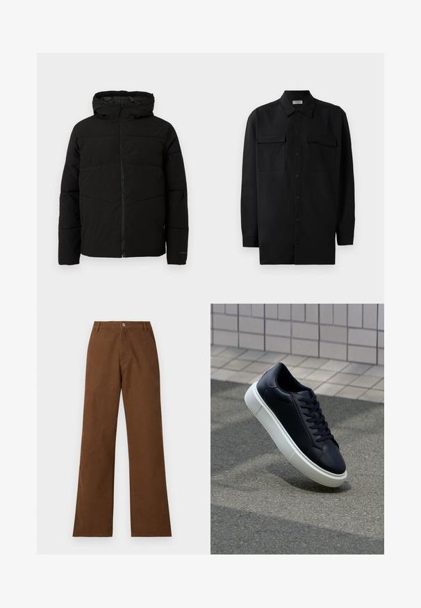 Black padded jacket with a hood, featuring a full front zipper, horizontal stitching, and elastic cuffs for a snug fit.; Black button-up shirt made of smooth fabric, featuring a classic collar, two front pockets, and long sleeves with button cuffs.; Brown cotton trousers with a straight-leg design, button closure, and two front pockets. Smooth texture with no visible patterns or embellishments.; Black leather sneaker with rounded toe and white rubber sole. Features flat laces and minimal stitching on the upper. Textured sole for grip.