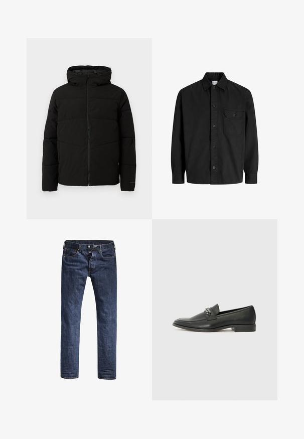 Črno podloženo jakno s kapuco, ki ima popoln sprednji zadrgo, vodoravne šive in elastične manšete za tesno prileganje.; Črna dolga srajca s poudarjeno zapenjanjem in ovratnikom, ki ima en sam žep na prsih s pokrovčkom na gumb.; Temno modri jeans z ozkim krojem, petimi žepi in standardnim pasom. Opremljeni so z vidnim šivanjem in kovinskimi dodatki.; Črni usnjeni loafer z gladko površino, ki ima šivano zasnovo in dekorativni kovinski verižni naglas preko vampirja. Ravno peto.