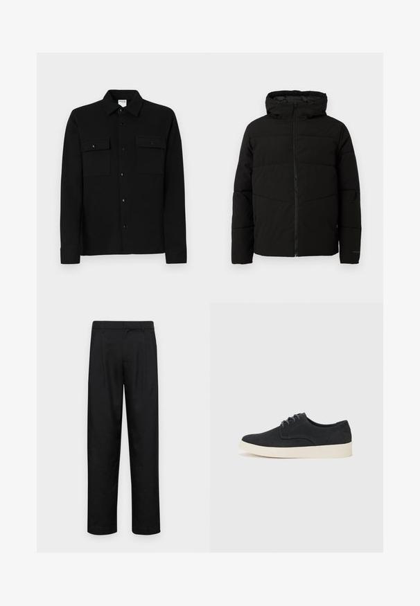 Black padded jacket with a hood, featuring a full front zipper, horizontal stitching, and elastic cuffs for a snug fit.; Black button-up shirt made of smooth fabric, featuring two chest pockets, a point collar, and buttoned cuffs. Simple design with minimal detailing.; Black trousers made of smooth fabric, featuring a straight-leg design, two front pleats, and standard waistband with belt loops.; Black suede lace-up shoe with a rounded toe, lightweight cream sole, and subtle blue stitching accents on the upper.