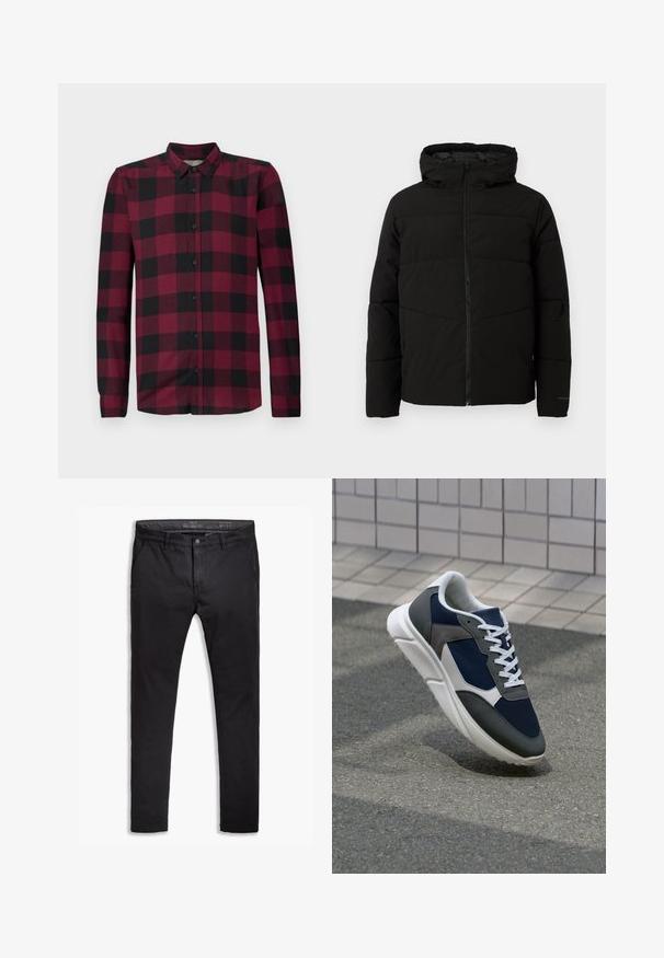 Juodas pūkuotas džemperis su kapišonu, turintis viso ilgio užtrauktuką, horizontaliu siuvinėjimu ir elastingomis rankogaliais, užtikrinančiais patogų prigludimą.; Ilgomis rankovėmis marškiniai su raudonu ir juodu languotu raštu, klasikinis apykaklė ir prigludusios rankogaliai.; Juodos medvilnės chinos kelnės su siaurėjančiu siluetu, turinčios penkis kišenes, diržo kilpos ir lygų paviršių. Su užtrauktuku ir mygtuko uždarymu.; Sportiniai bateliai su tamsiai mėlynu tinkliniu viršumi, pilkais zomšiniais akcentais, balta guma padanga ir plokščiomis baltomis raištelėmis, sukurti komfortui ir oro pralaidumui.