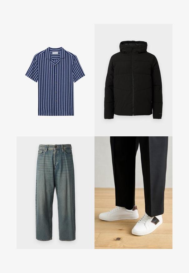 Svart polstret jakke med hette, med full front glidelås, horisontale sømmer og elastiske mansjetter for en tettsittende passform.; Pier One LINEN MIX BLEND SHIRT - Button down-skjorte - dark blue/white; Lyseblå denimjeans med løs passform, midjehøyde og rette ben. Har fem lommer, beltehemper og knappelukking.; Hvite sneakers med glatt tekstur, med brune skinnakenter og svart detaljer, parret med svarte skreddersydde bukser. Bakgrunn med tregulv.