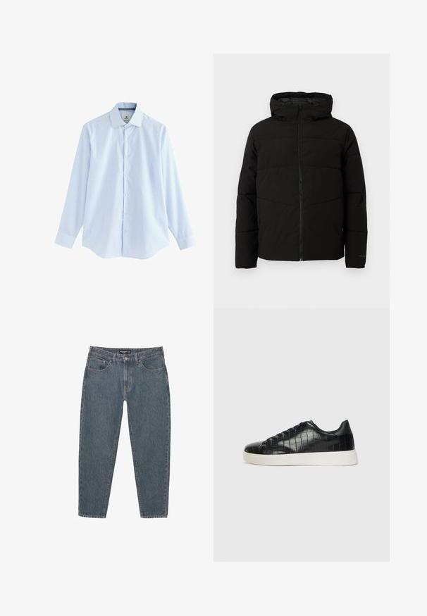 Crna jakna s podlogom i kapuljačom, s punim prednjim patentnim zatvaračem, horizontalnim šavovima i elastičnim manžetama za udoban fit.; Plava karirana košulja dugih rukava s okruglim ovratnikom, izrađena od lagane tkanine, s bijelim gumbe i zakrivljenim rubom.; Tamno plave traperice s opuštenim krojem, dizajnom od pet džepova, kopčanjem na dugme i lagano oštrim rubom. Izdržljiv materijal s suptilnom teksturom.; Crne tenisice s teksturiranom gornjom površinom od kože s uzorkom krokodila, zaobljenim vrhom i kontrastnom bijelom gumenom potplatom s glatkom završnom obradom.