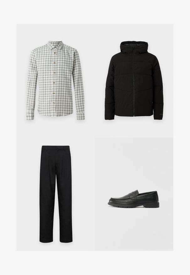 Svart polstret jakke med hette, med full front glidelås, horisontale sømmer og elastiske mansjetter for en tettsittende passform.; Langermet rutete skjorte i hvit og marineblå, med knappet krage og treknapper, med et rutete mønster gjennomgående.; Sorte bukser laget av glatt stoff, med rette ben, to frontfoldninger og standard liv med beltehemper.; Svart skinnloafers med glatt finish, mokkasin-stil overdel, broderte detaljer og gummisåle. Klassisk design med lav hæl.
