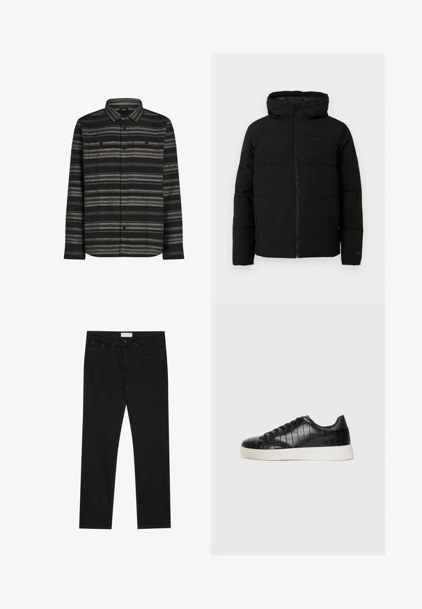 Svart vadderad jacka med huva, som har en hel dragkedja fram, horisontella sömmar och elastiska ärmslut för en snug passform.; Svart långärmad skjorta med horisontella grå ränder, knäppning fram och två bröstfickor. Tillverkad av ett mjukt tyg med en texturerad yta.; Svarta rakbenade jeans med femfickorsdesign, knappr och dragkedja, samt en Pier One-logotyp på linningen.; Svarta sneakers med en texturerad läderöverdels i krokodilprägling, rund tå och en kontrasterande vit gummisula med en slät yta.