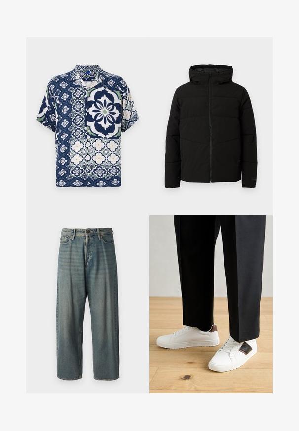 Crna jakna s podlogom i kapuljačom, s punim prednjim patentnim zatvaračem, horizontalnim šavovima i elastičnim manžetama za udoban fit.; Polo majica kratkih rukava u mornarskoj plavoj boji s cvjetnim i geometrijskim uzorcima, s kopčanjem na gumbe, mekanim materijalom te kontrastnim zelenim i bijelim detaljima.; Svijetloplave traperice s širokim krojem, srednjim pojasom i ravnim nogavicama. Ima pet džepova, petlje za remen i kopčanje na gumb.; Bijele tenisice s glatkom teksturom, s smešnim kožnim detaljima i crnim naglascima, u kombinaciji s crnim krojenim hlačama. Pozadina od drvenog poda.