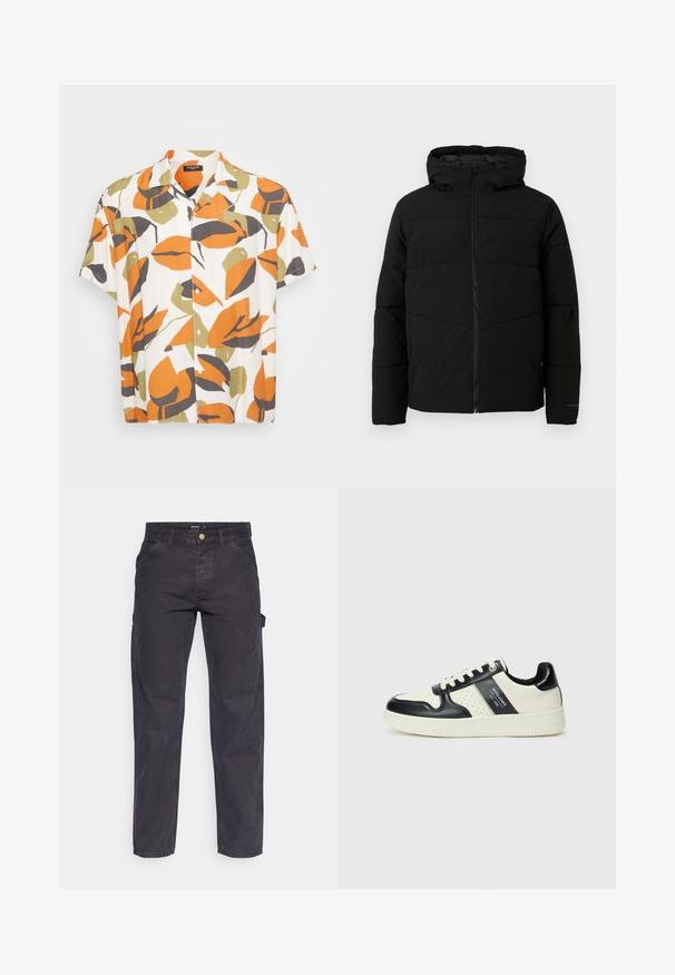 Must esmakad ja kapuutsiga must paks jakk, millel on täispikk lukus, horisontaalne õmblus ja elastsed mansetid, mis tagavad mugava istuvuse.; Lühikeste varrukatega särk, mis on valmistatud kergest kangast, millel on valge taust ja suured oranžid, rohelised ja hallid lehemustrid. Nööbiga esi.; Tumehallid cargo-püksid, mis on valmistatud vastupidavast kangast, sirge lõikega, viie tasku ja nupuga kinnitusega vööl.; Nahatud nahkkingad musta ja kreemi värviskeemiga, millel on perforeeritud aktsendid, pehme krae ja tekstureeritud tallad.